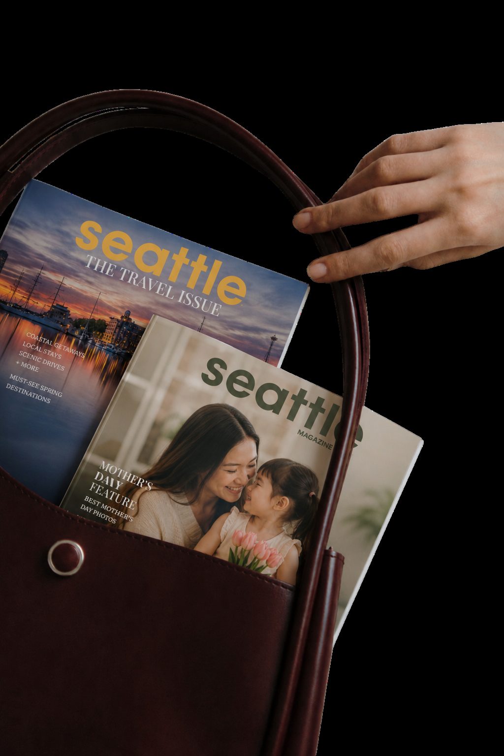 Seattle Magazine issues in a leather tote